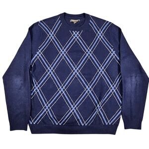 NORDSTROM COTTON‑SILK BLEND ARGYLE CREWNECK SWEATER – MEN’S MEDIUM – NAVY BLUE